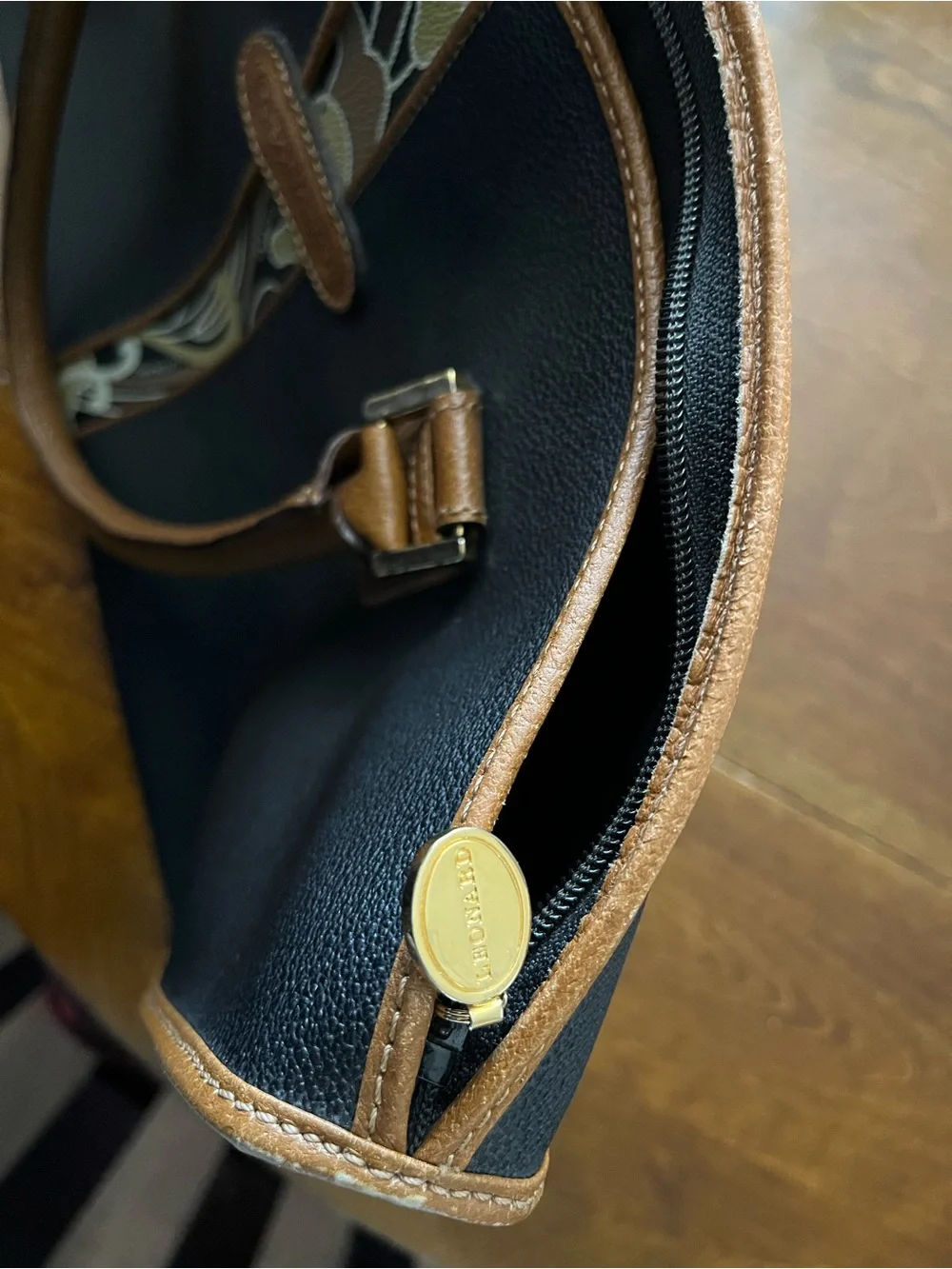 LEONARD Black and Tan Men's Tote Bag with Patterned Accent